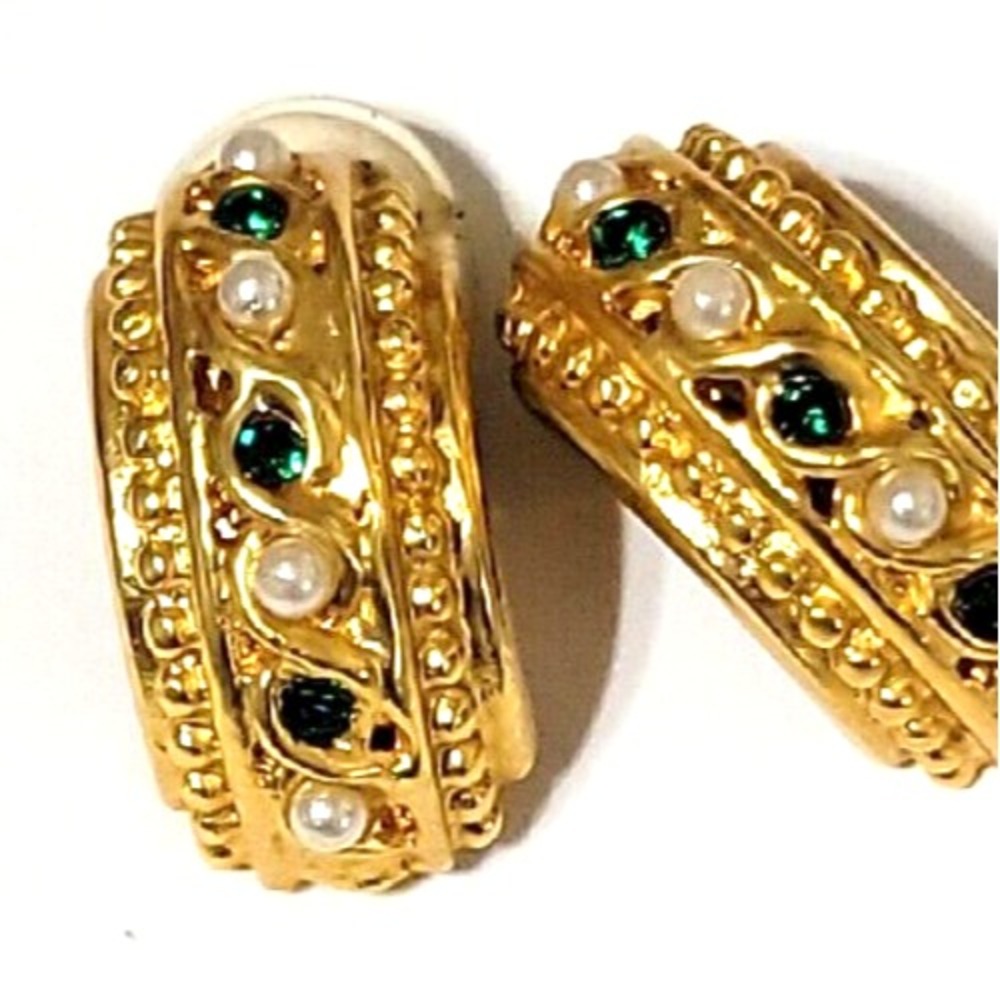 Vintage Gold Crescent Hoop Earrings Ornate Green Rhinestone Faux Pearl Clip-On